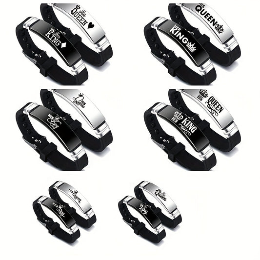 2 Sets Ker King Hi Queen New King and Queen Couple Romantic Crown Adjustable Size Stainless Steel Silicone Bracelet