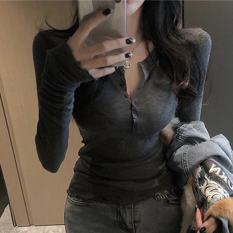 T-shirt Femme col en V mince printemps Sexy à manches longues arbre comestible champignon hauts Femme blanc noir mode T-Shirts T-Shirts Femme