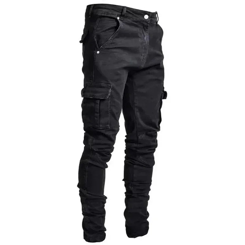 Jean en Denim élastique pour hommes, couleur unie, pantalon Cargo multi-poches, décontracté, coupe cintrée, usage quotidien, jogging, taille moyenne