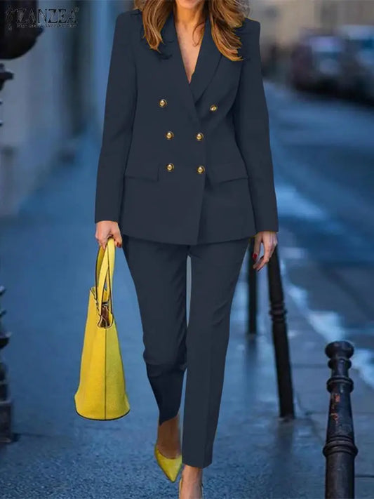 ZANZEA femmes mode 2 pièces Blazer costumes cranté revers à manches longues Blazer pantalon ensembles élégant bureau dame solide 2 pièces tenues