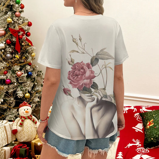 T-shirt femme avec sculpture beige et motif floral - Art Style décontracté été col rond manches courtes