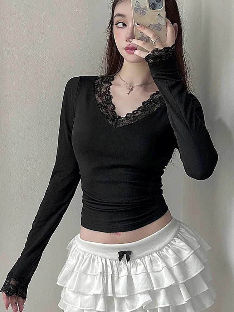 T-shirt femme nouveau Streetwear printemps mode décontracté mince T-shirt élégant femme Sexy noir dame polyvalent tricoté t-shirts vêtements