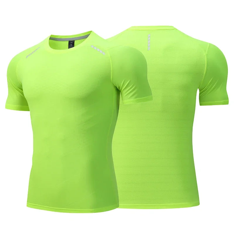 Hommes mince glace soie hauts course à manches courtes sport T-shirt gymnase Fitness entraînement musculaire sweat sec ajustement serré survêtements