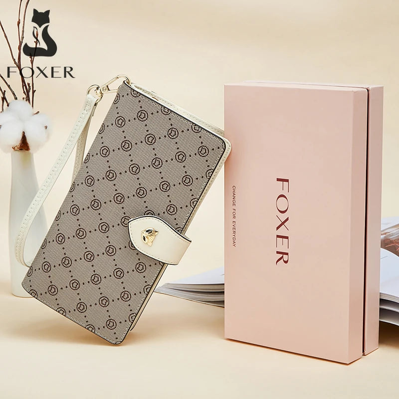 FOXER femmes Long portefeuille carte et porte-passeport élégant pochette dame monogramme PVC avec bracelet sac de téléphone portable femme porte-monnaie