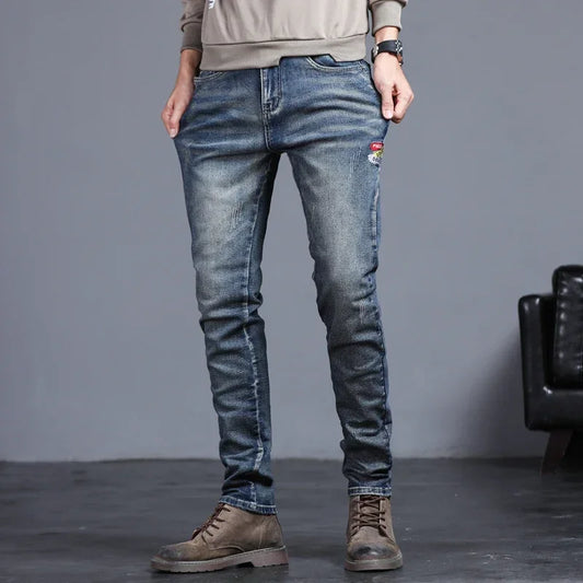 Jean Vintage pour hommes, mode coréenne, Slim, petits pieds brodés, pantalon extensible, Streetwear, Denim, nouvelle collection 2025
