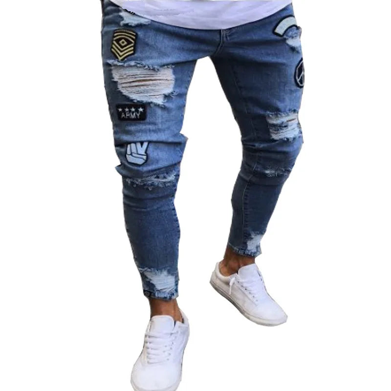 Nouveaux jeans brodés à grain fin pour hommes, pantalons en denim hip-hop coupe slim à trou élastique en coton, jeans décontractés pour hommes, pantalons de jogging