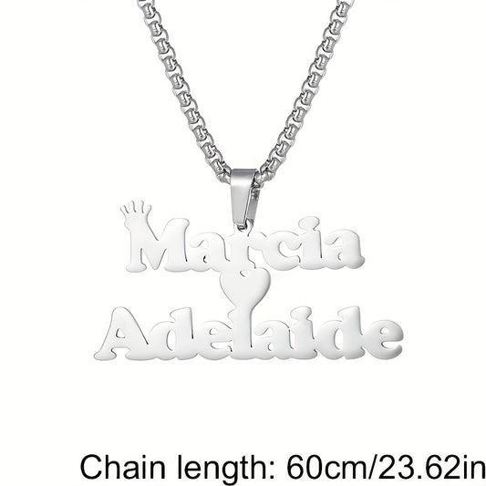 1pc Mens Custom Two Name Necklace - Unique Removable Square Pearl Accent Chunky Chain Pendant with Fashionable Stainless Steel Crown Alphabet, Lovely Heart-Shaped Couple Necklace - Perfect Holiday Jewelry Memorial Gift for Lo