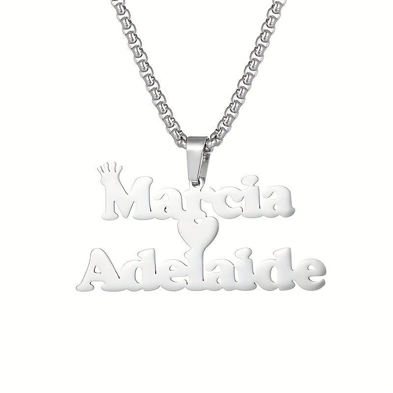 1pc Mens Custom Two Name Necklace - Unique Removable Square Pearl Accent Chunky Chain Pendant with Fashionable Stainless Steel Crown Alphabet, Lovely Heart-Shaped Couple Necklace - Perfect Holiday Jewelry Memorial Gift for Lo