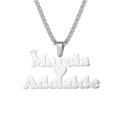 1pc Mens Custom Two Name Necklace - Unique Removable Square Pearl Accent Chunky Chain Pendant with Fashionable Stainless Steel Crown Alphabet, Lovely Heart-Shaped Couple Necklace - Perfect Holiday Jewelry Memorial Gift for Lo