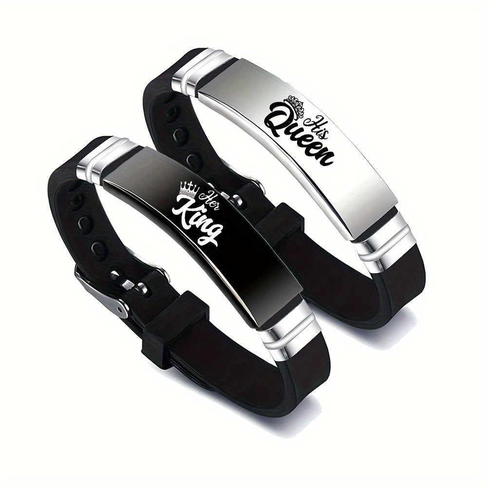2 Sets Ker King Hi Queen New King and Queen Couple Romantic Crown Adjustable Size Stainless Steel Silicone Bracelet