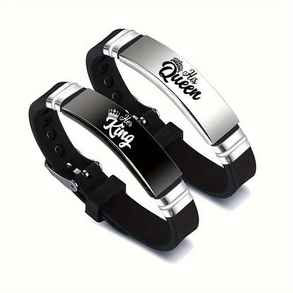 2 Sets Ker King Hi Queen New King and Queen Couple Romantic Crown Adjustable Size Stainless Steel Silicone Bracelet