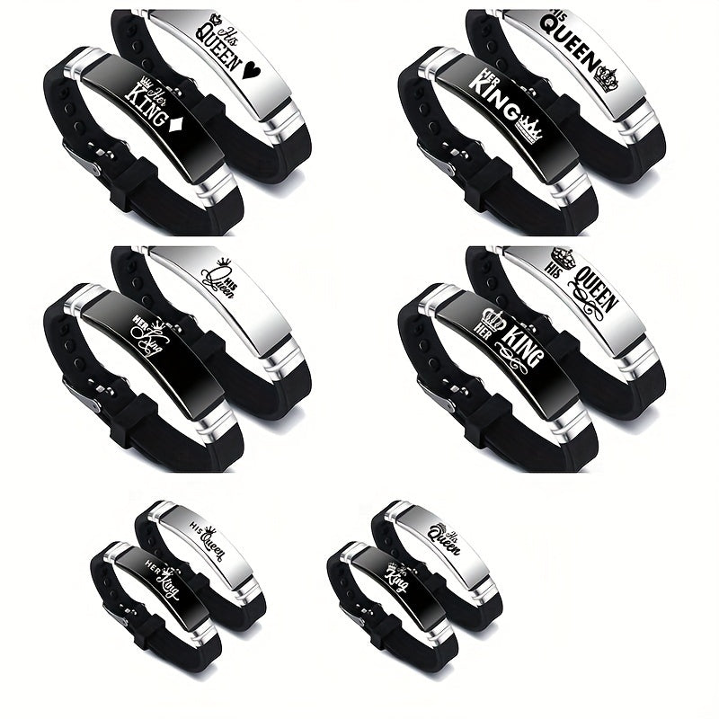 2 Sets Ker King Hi Queen New King and Queen Couple Romantic Crown Adjustable Size Stainless Steel Silicone Bracelet
