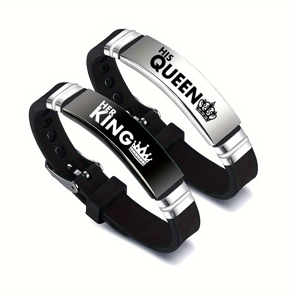 2 Sets Ker King Hi Queen New King and Queen Couple Romantic Crown Adjustable Size Stainless Steel Silicone Bracelet