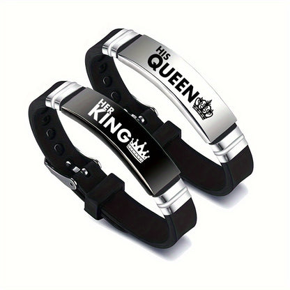 2 Sets Ker King Hi Queen New King and Queen Couple Romantic Crown Adjustable Size Stainless Steel Silicone Bracelet