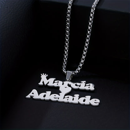 1pc Mens Custom Two Name Necklace - Unique Removable Square Pearl Accent Chunky Chain Pendant with Fashionable Stainless Steel Crown Alphabet, Lovely Heart-Shaped Couple Necklace - Perfect Holiday Jewelry Memorial Gift for Lo