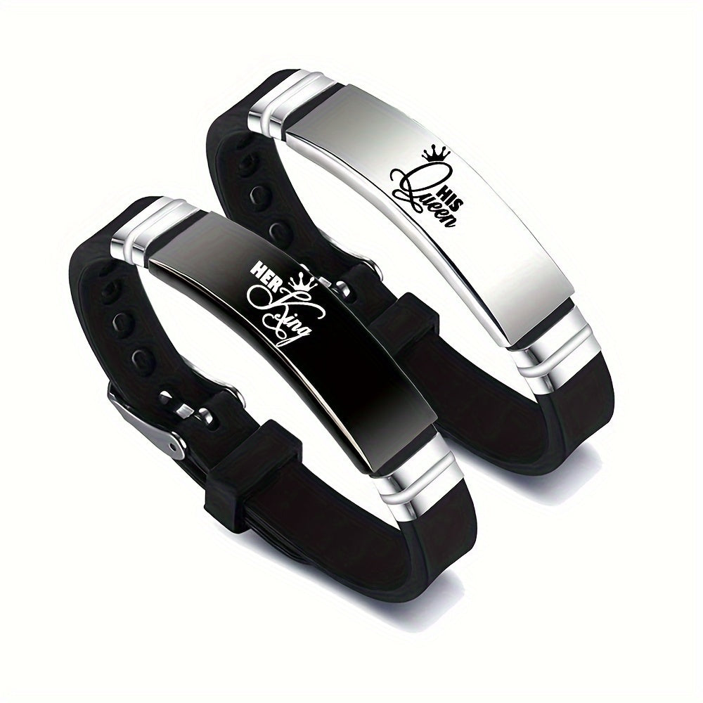 2 Sets Ker King Hi Queen New King and Queen Couple Romantic Crown Adjustable Size Stainless Steel Silicone Bracelet