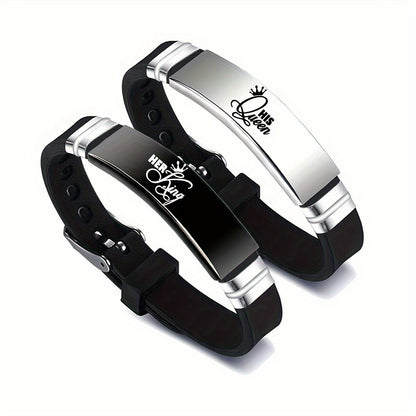 2 Sets Ker King Hi Queen New King and Queen Couple Romantic Crown Adjustable Size Stainless Steel Silicone Bracelet