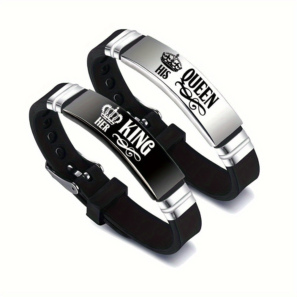 2 Sets Ker King Hi Queen New King and Queen Couple Romantic Crown Adjustable Size Stainless Steel Silicone Bracelet