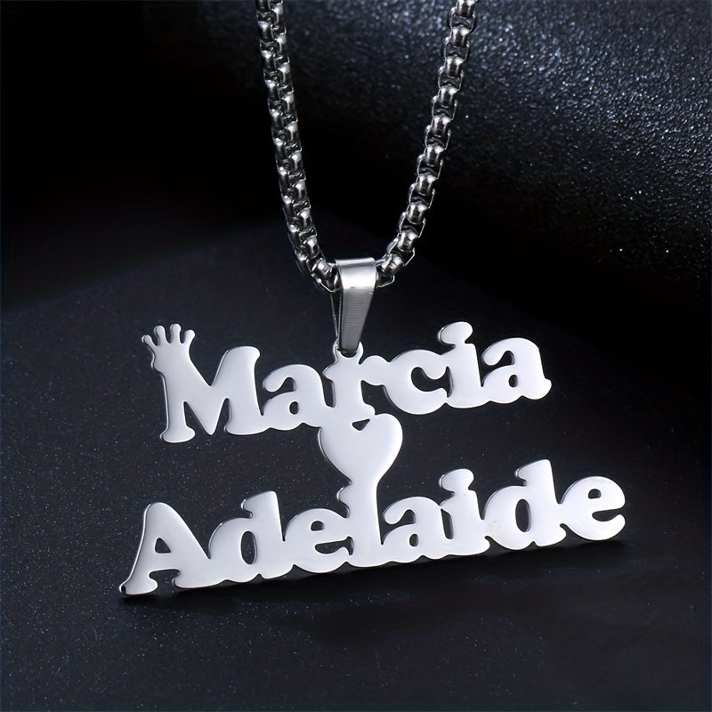 1pc Mens Custom Two Name Necklace - Unique Removable Square Pearl Accent Chunky Chain Pendant with Fashionable Stainless Steel Crown Alphabet, Lovely Heart-Shaped Couple Necklace - Perfect Holiday Jewelry Memorial Gift for Lo