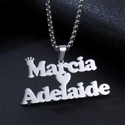 1pc Mens Custom Two Name Necklace - Unique Removable Square Pearl Accent Chunky Chain Pendant with Fashionable Stainless Steel Crown Alphabet, Lovely Heart-Shaped Couple Necklace - Perfect Holiday Jewelry Memorial Gift for Lo