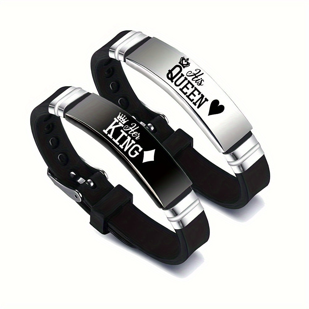 2 Sets Ker King Hi Queen New King and Queen Couple Romantic Crown Adjustable Size Stainless Steel Silicone Bracelet