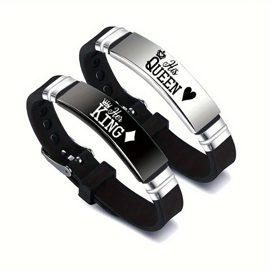 2 Sets Ker King Hi Queen New King and Queen Couple Romantic Crown Adjustable Size Stainless Steel Silicone Bracelet