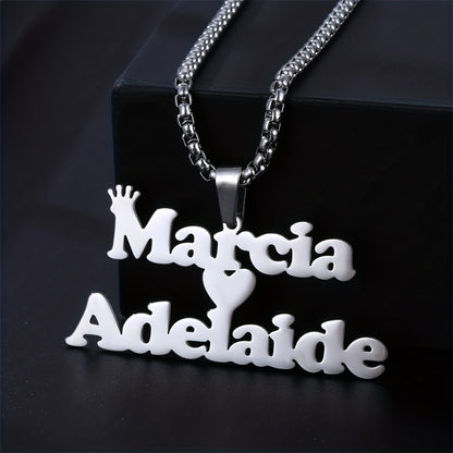 1pc Mens Custom Two Name Necklace - Unique Removable Square Pearl Accent Chunky Chain Pendant with Fashionable Stainless Steel Crown Alphabet, Lovely Heart-Shaped Couple Necklace - Perfect Holiday Jewelry Memorial Gift for Lo