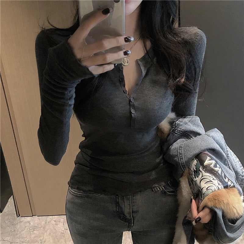 T-shirt Femme col en V mince printemps Sexy à manches longues arbre comestible champignon hauts Femme blanc noir mode T-Shirts T-Shirts Femme