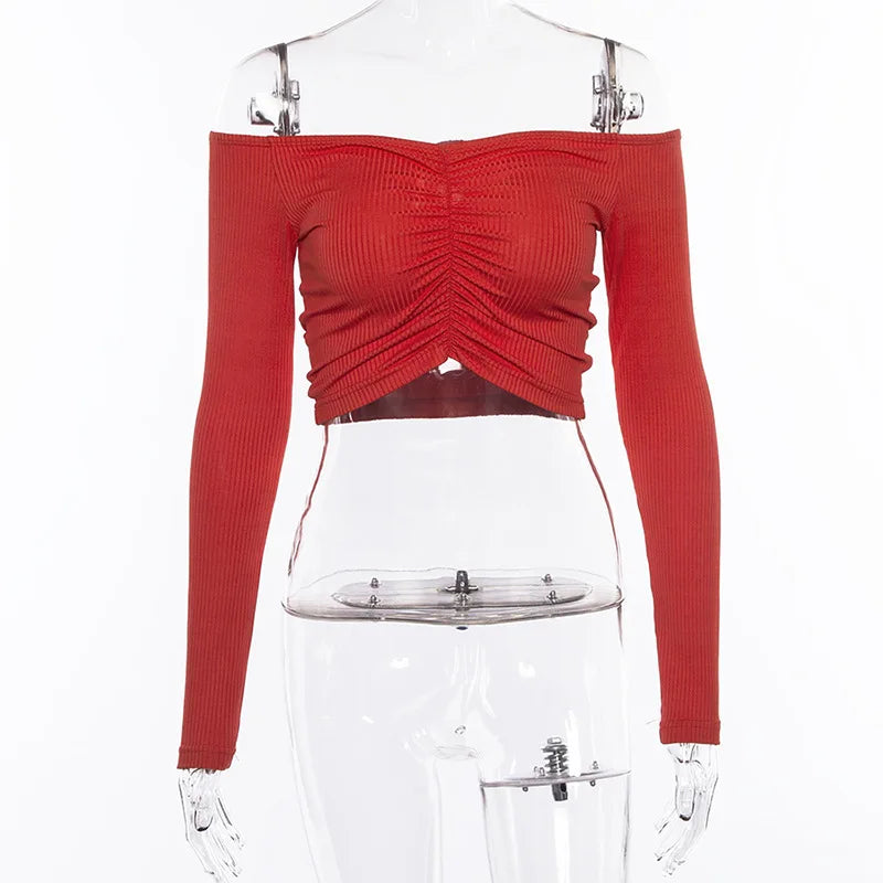 Femmes T-shirts sexy et club mode femme T-shirt à manches longues épaules nues couleur unie dame T-shirt automne T-shirts de base