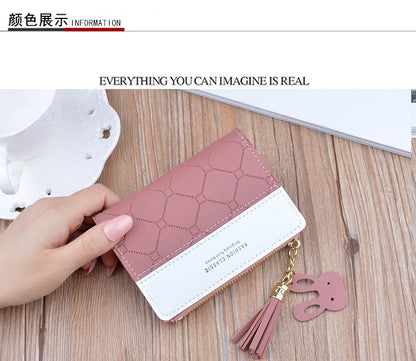 Portefeuille court patchwork pour femme, petit sac à main à fermeture éclair, portefeuilles à carreaux en relief, joli porte-cartes simple, mini sac d'argent rose