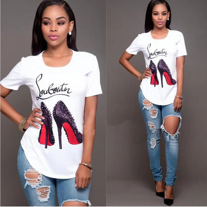 T-shirt blanc à manches courtes pour femmes, chaussures à talons hauts, t-shirt imprimé lettre, chemises d'été, mode Y, NS4180