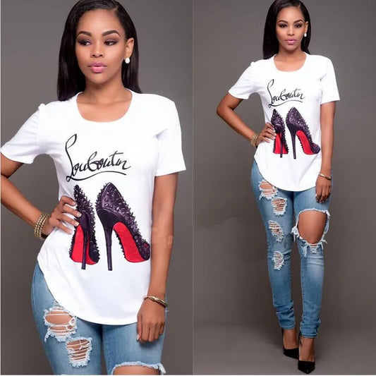 T-shirt blanc à manches courtes pour femmes, chaussures à talons hauts, t-shirt imprimé lettre, chemises d'été, mode Y, NS4180