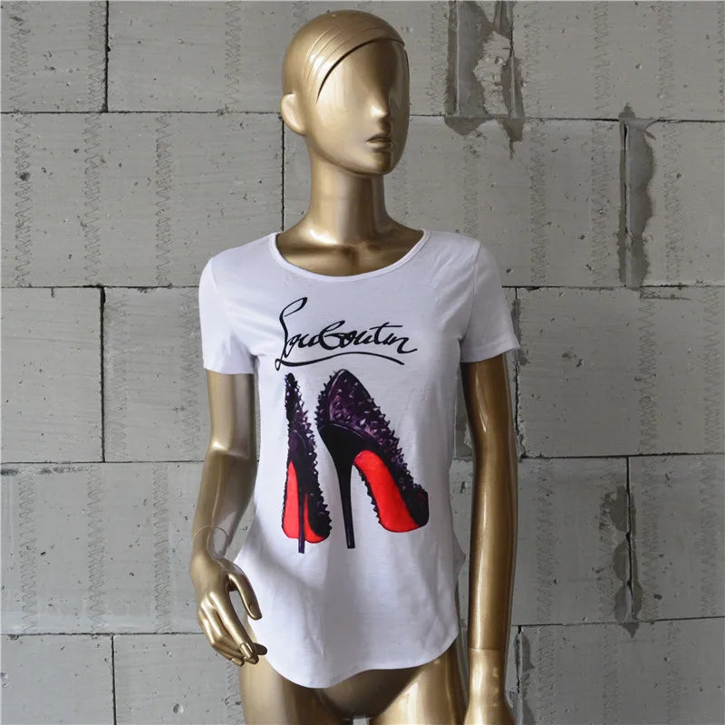 T-shirt blanc à manches courtes pour femmes, chaussures à talons hauts, t-shirt imprimé lettre, chemises d'été, mode Y, NS4180