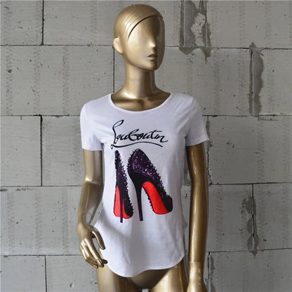 T-shirt blanc à manches courtes pour femmes, chaussures à talons hauts, t-shirt imprimé lettre, chemises d'été, mode Y, NS4180