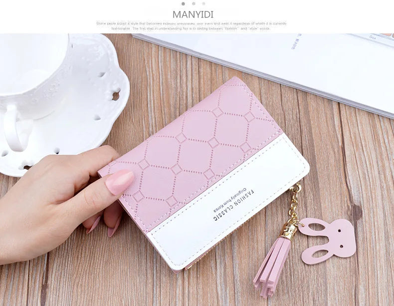 Portefeuille court patchwork pour femme, petit sac à main à fermeture éclair, portefeuilles à carreaux en relief, joli porte-cartes simple, mini sac d'argent rose