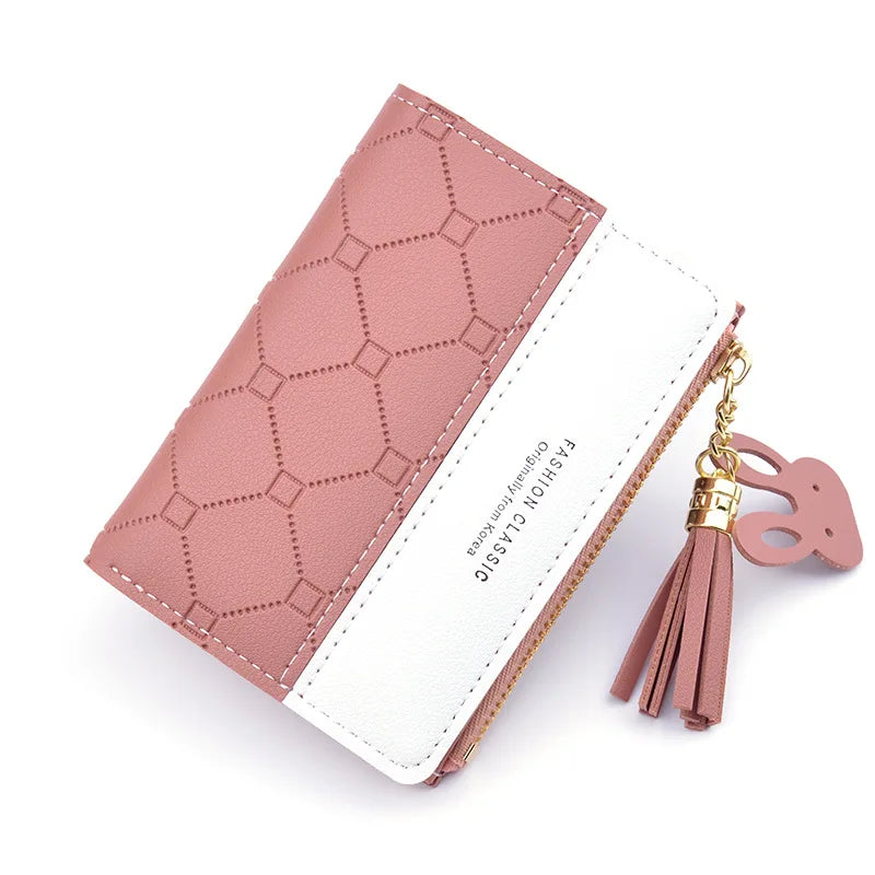 Portefeuille court patchwork pour femme, petit sac à main à fermeture éclair, portefeuilles à carreaux en relief, joli porte-cartes simple, mini sac d'argent rose