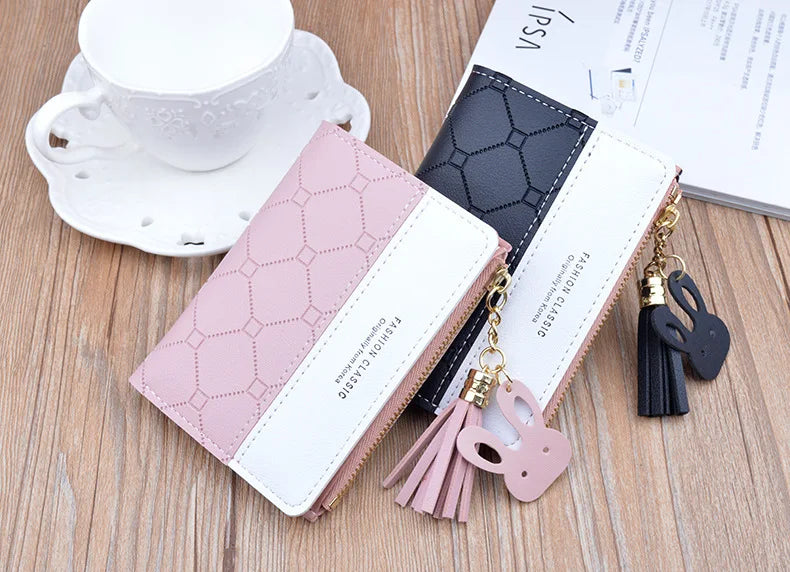 Portefeuille court patchwork pour femme, petit sac à main à fermeture éclair, portefeuilles à carreaux en relief, joli porte-cartes simple, mini sac d'argent rose