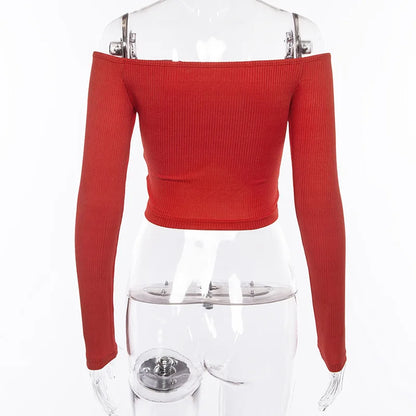 Femmes T-shirts sexy et club mode femme T-shirt à manches longues épaules nues couleur unie dame T-shirt automne T-shirts de base