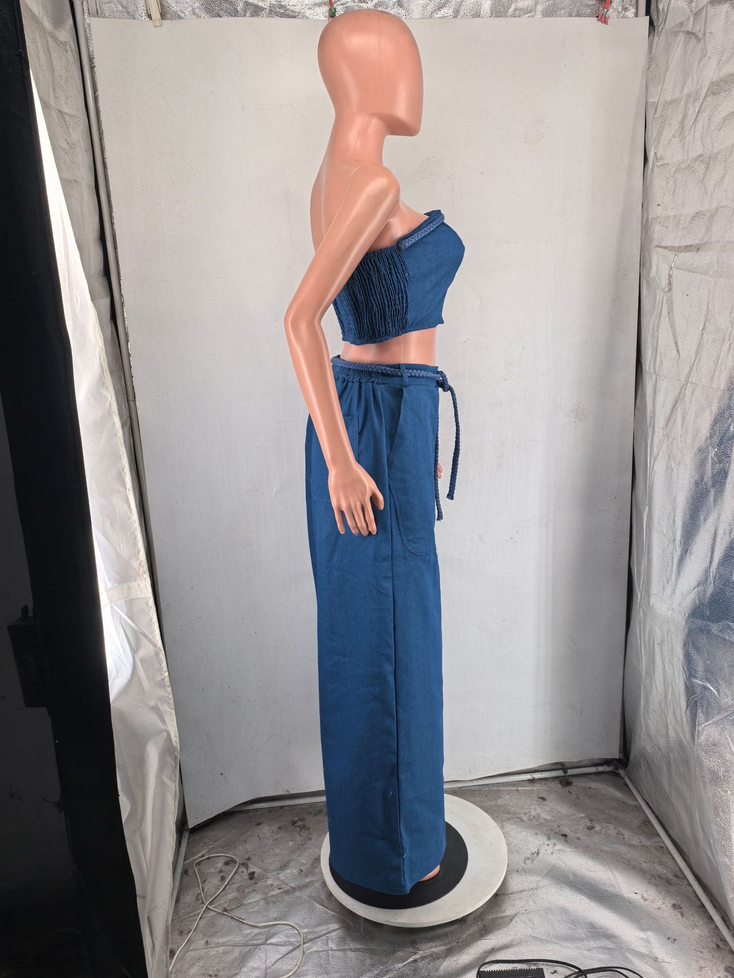 CM.YAYA – ensemble en Denim pour femmes, haut court sans bretelles et pantalon en jean à jambes larges, ensemble deux pièces de rue, survêtement, 2024