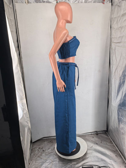 CM.YAYA – ensemble en Denim pour femmes, haut court sans bretelles et pantalon en jean à jambes larges, ensemble deux pièces de rue, survêtement, 2024