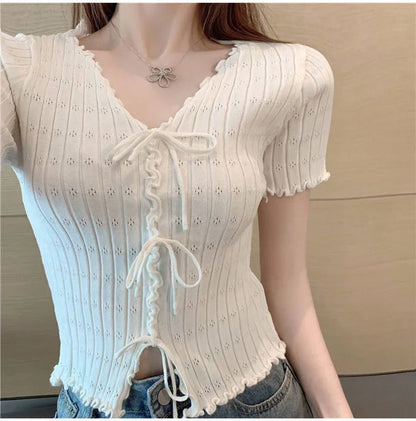 T-shirt à manches courtes pour femmes, haut court, blanc, été