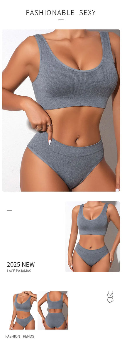 Women Underwear 2 Pcs Set Ribbed Seamless Low Rise Sexy Panties And Bras Sets Breathable Comfortable Female Underpants Lingerie