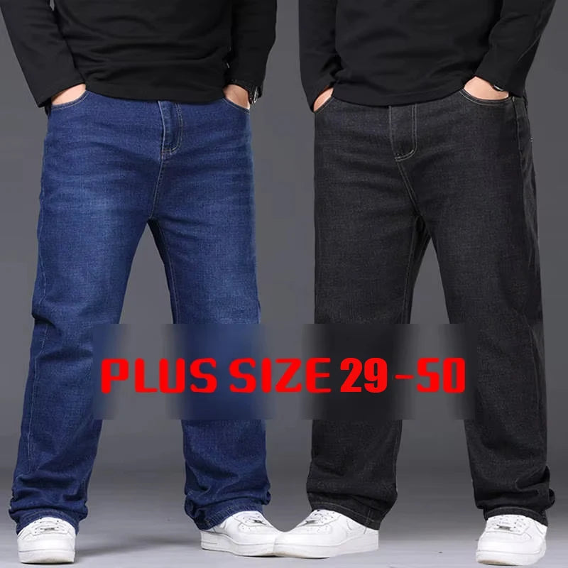 Jean extensible pour hommes, 29 à 50 tailles, pantalon en Denim à jambe droite, taille étendue, bleu/noir, Streetwear, coupe décontractée pour le travail et le décontracté