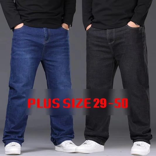 Jean extensible pour hommes, 29 à 50 tailles, pantalon en Denim à jambe droite, taille étendue, bleu/noir, Streetwear, coupe décontractée pour le travail et le décontracté