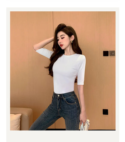 T-shirt en coton à manches moyennes pour femmes, col haut, intérieur mince, astronomique, manches moyennes, Y-Soft respirant