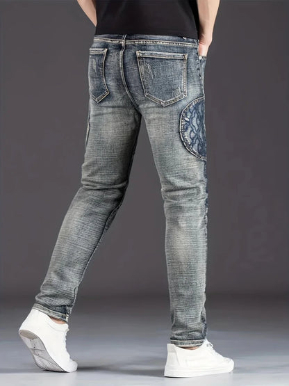Jean de moto pour hommes, Streetwear, extensible, mode nostalgique   Pantalon en jean décontracté, Slim, droit, patchwork, pantalon de cowboy délavé