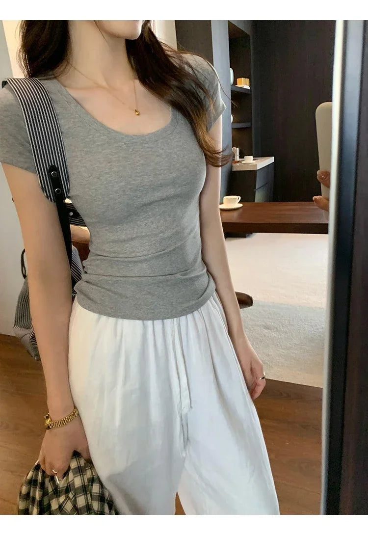 Femme 2025 été décontracté coton t-shirt pour femmes à manches courtes t-shirts mode femmes vêtements mince basique col rond Y2K t-shirt