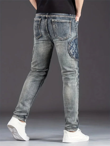 Jean de moto pour hommes, Streetwear, extensible, mode nostalgique   Pantalon en jean décontracté, Slim, droit, patchwork, pantalon de cowboy délavé