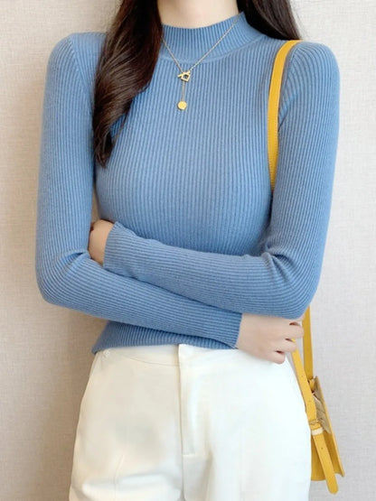 Nouveau en automne hiver femmes à manches longues tricoté col mi-haut côtelé Pull Pull doux chaud Femme Pull Pull vêtements