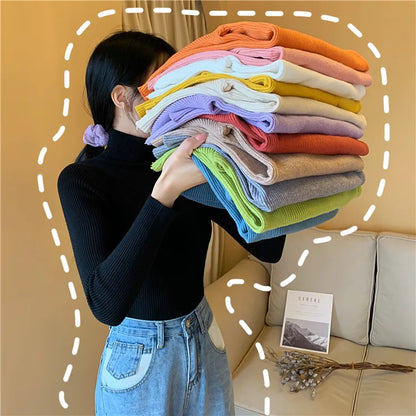 2025 automne hiver femmes à manches longues tricoté pliable col roulé côtelé Pull Pull doux chaud Femme Pull Pull vêtements